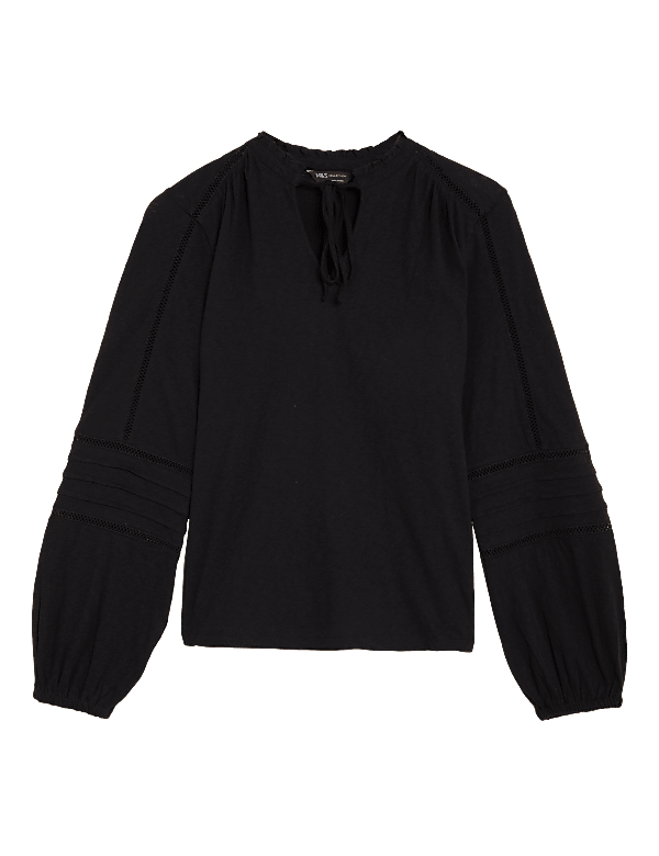 Pure Cotton Embroidered Tie Neck Top