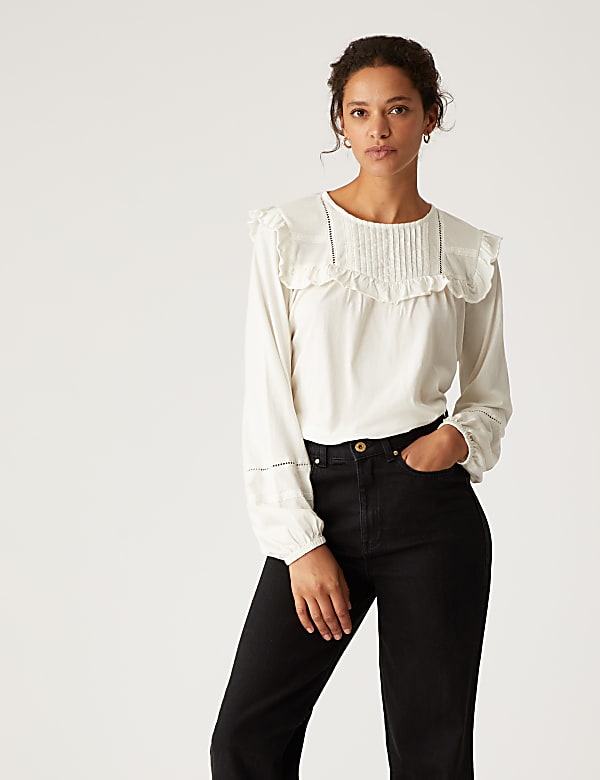 Pure Cotton Pintuck Long Sleeve Top