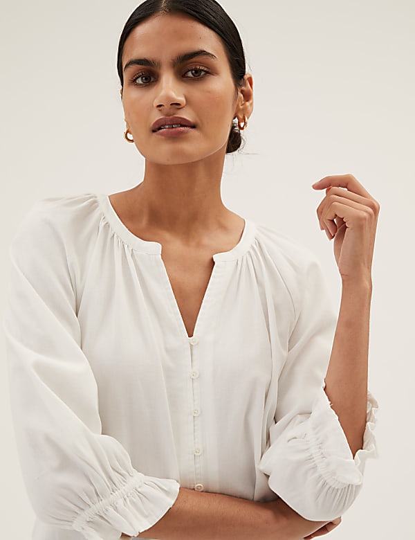 Pure Cotton V-Neck 3/4 Sleeve Blouse