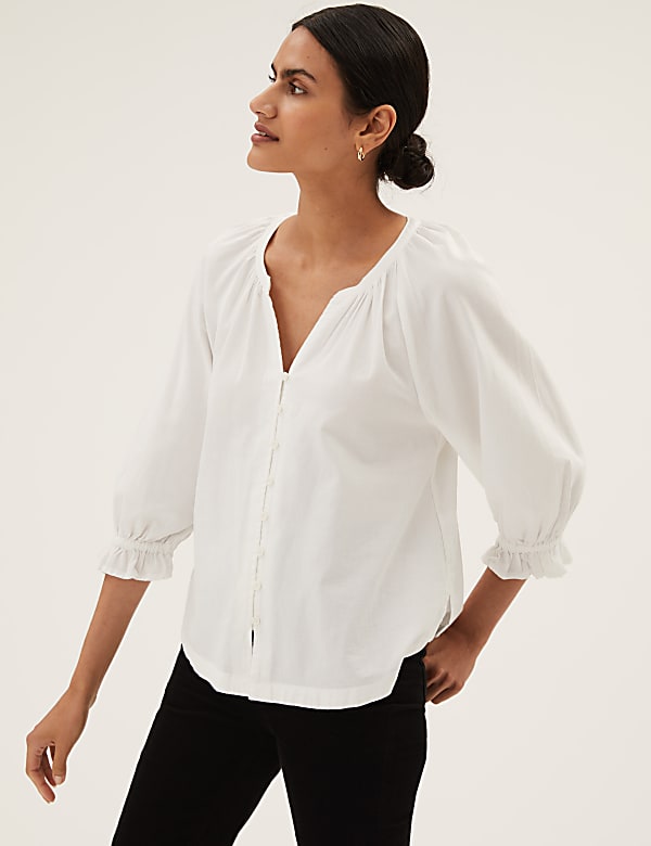 Pure Cotton V-Neck 3/4 Sleeve Blouse