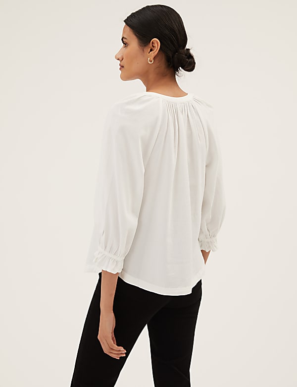 Pure Cotton V-Neck 3/4 Sleeve Blouse