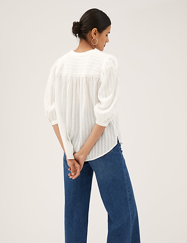 Pure Cotton V-Neck 3/4 Sleeve Blouse