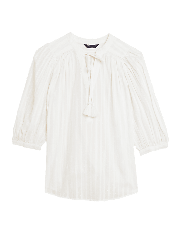 Pure Cotton V-Neck 3/4 Sleeve Blouse