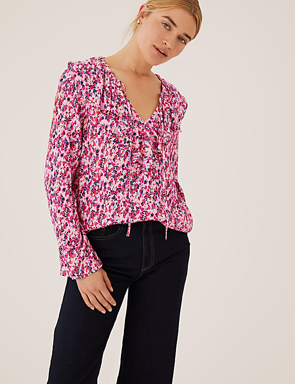Floral Tie Neck Ruffle Long Sleeve Blouse
