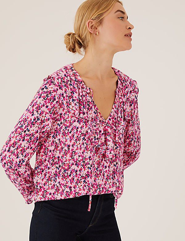 Floral Tie Neck Ruffle Long Sleeve Blouse