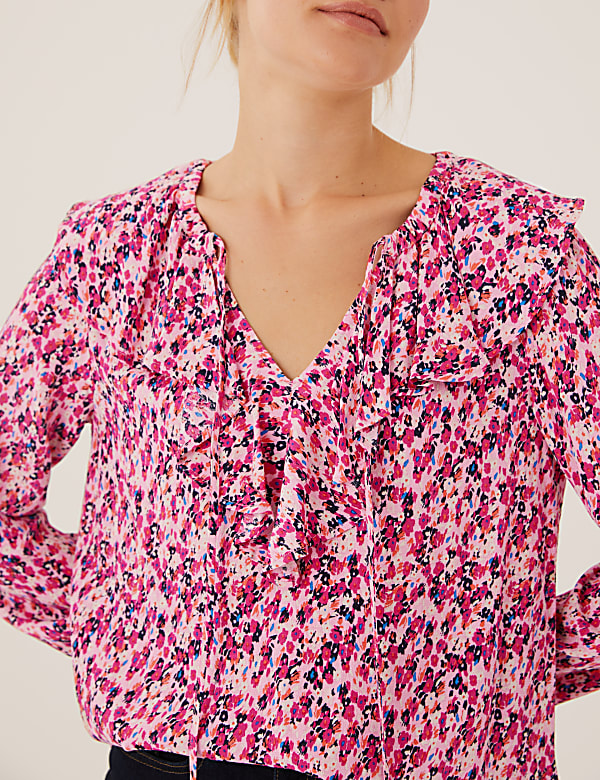 Floral Tie Neck Ruffle Long Sleeve Blouse