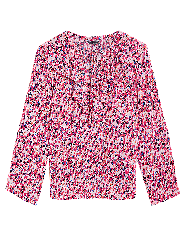 Floral Tie Neck Ruffle Long Sleeve Blouse
