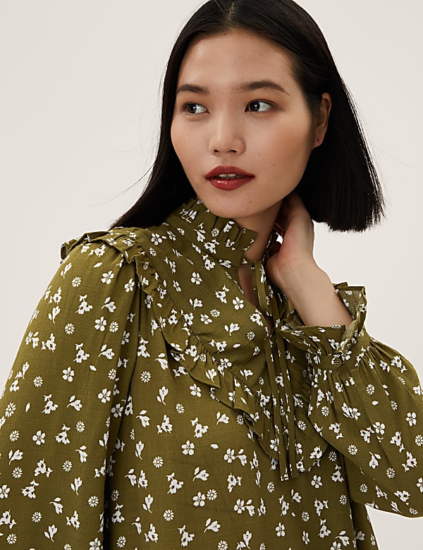 Printed Tie Neck Long Sleeve Popover Blouse