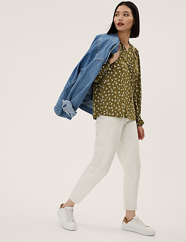 Printed Tie Neck Long Sleeve Popover Blouse