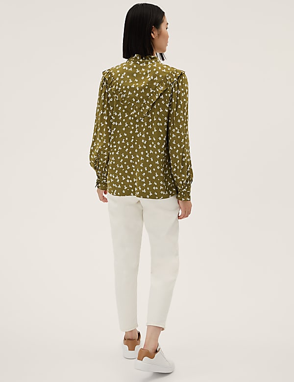 Printed Tie Neck Long Sleeve Popover Blouse