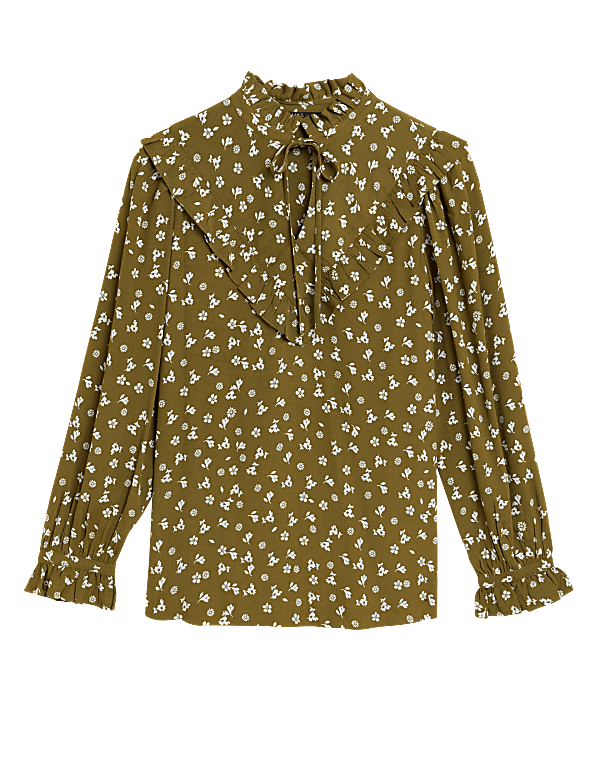 Printed Tie Neck Long Sleeve Popover Blouse