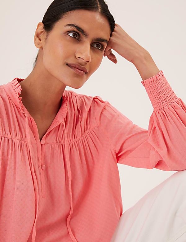 Tie Neck Frill Detail Long Sleeve Blouse