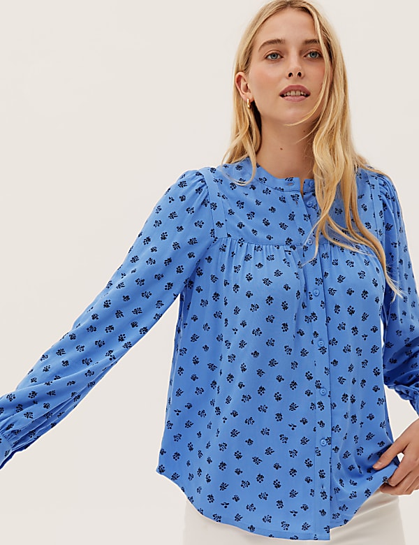 Printed Collarless Long Sleeve Blouse