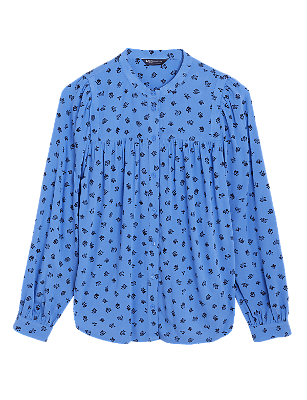 Printed Collarless Long Sleeve Blouse