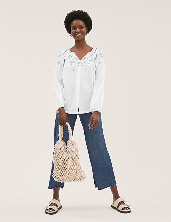 Pure Cotton Embroidered Long Sleeve Blouse