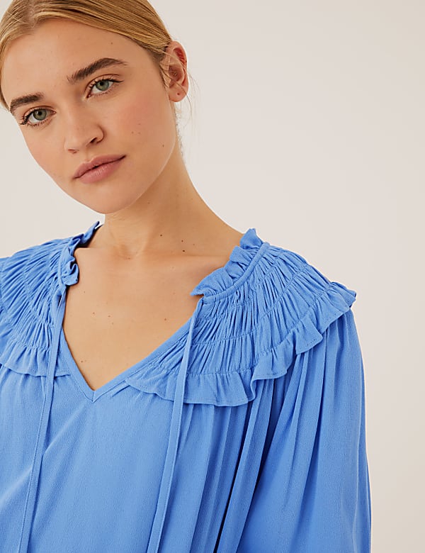 Tie Neck Smocked Long Sleeve Blouse