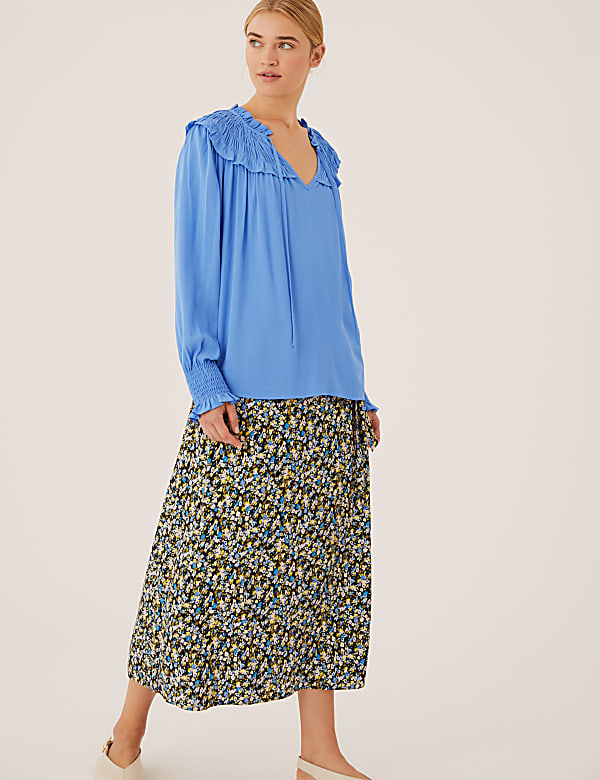 Tie Neck Smocked Long Sleeve Blouse