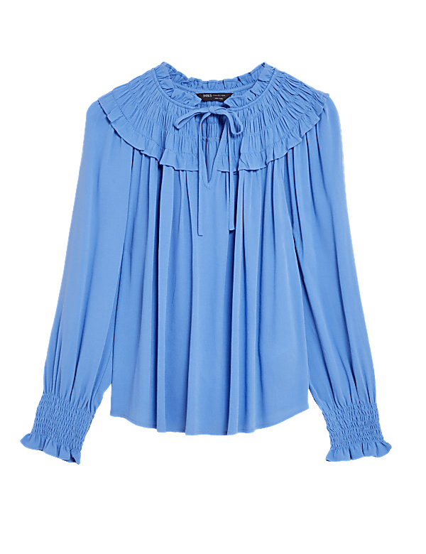 Tie Neck Smocked Long Sleeve Blouse