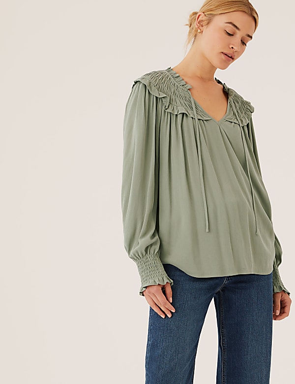 Tie Neck Smocked Long Sleeve Blouse