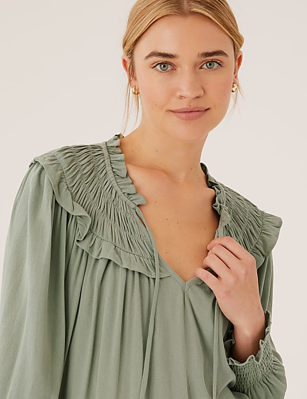 Tie Neck Smocked Long Sleeve Blouse
