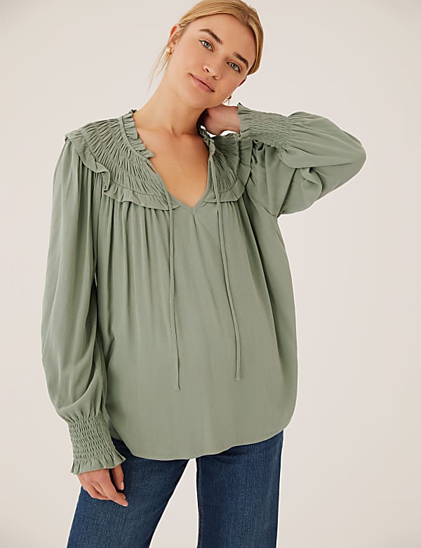 Tie Neck Smocked Long Sleeve Blouse