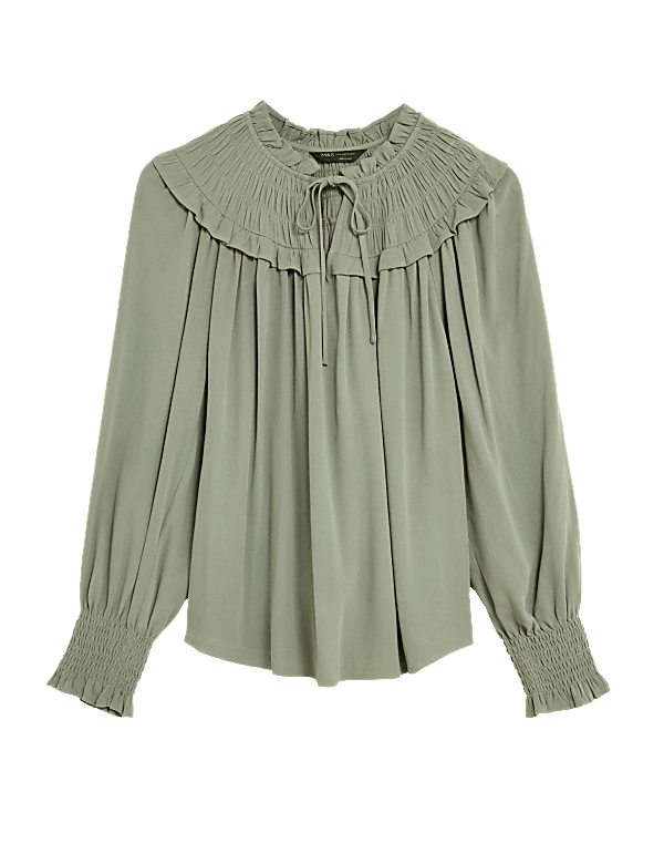 Tie Neck Smocked Long Sleeve Blouse