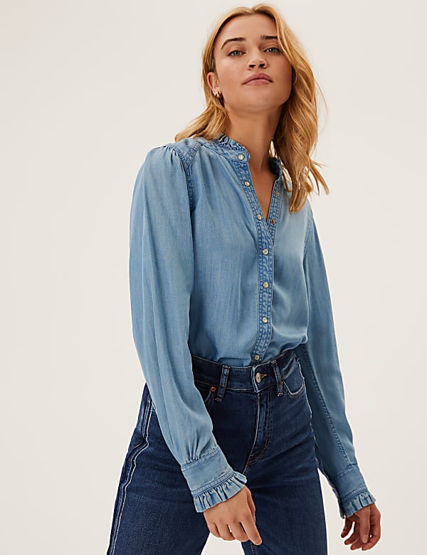 Tencel™ Denim High Neck Long Sleeve Shirt