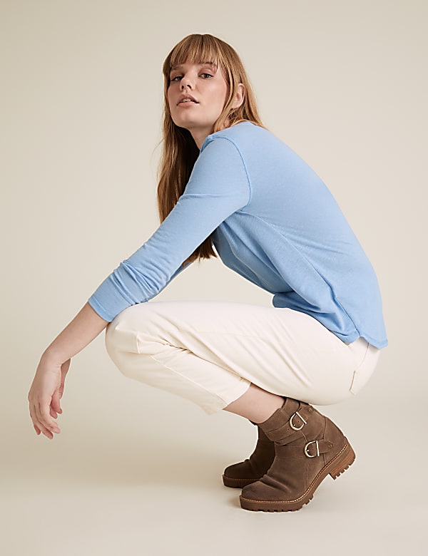 Linen Crew Neck Straight fit  Long Sleeve Top