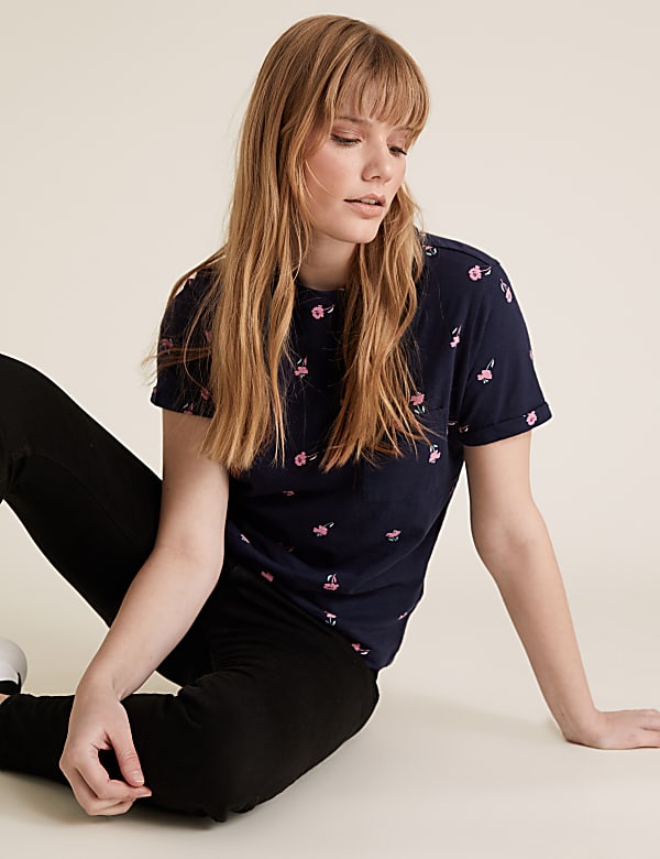 T-shirt 100 % coton à col rond et motif fleuri - CH