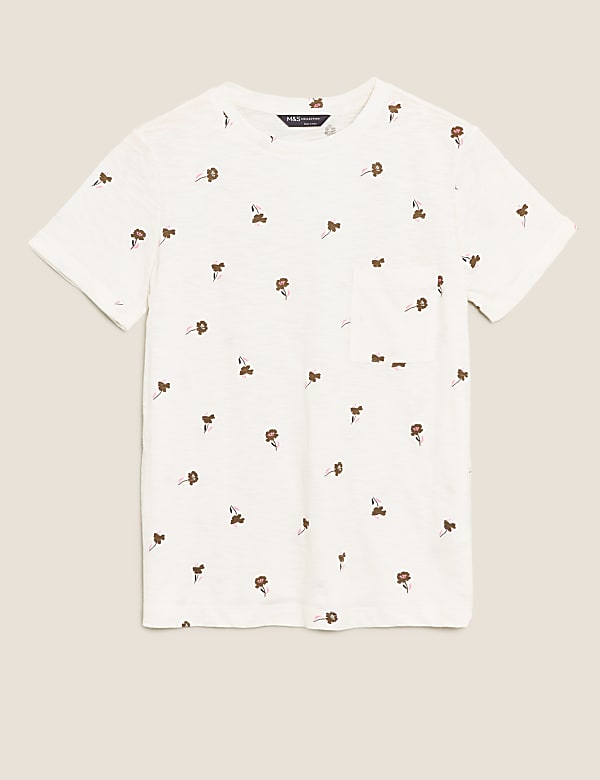 T-shirt 100 % coton &agrave; col rond et motif fleuri - FR