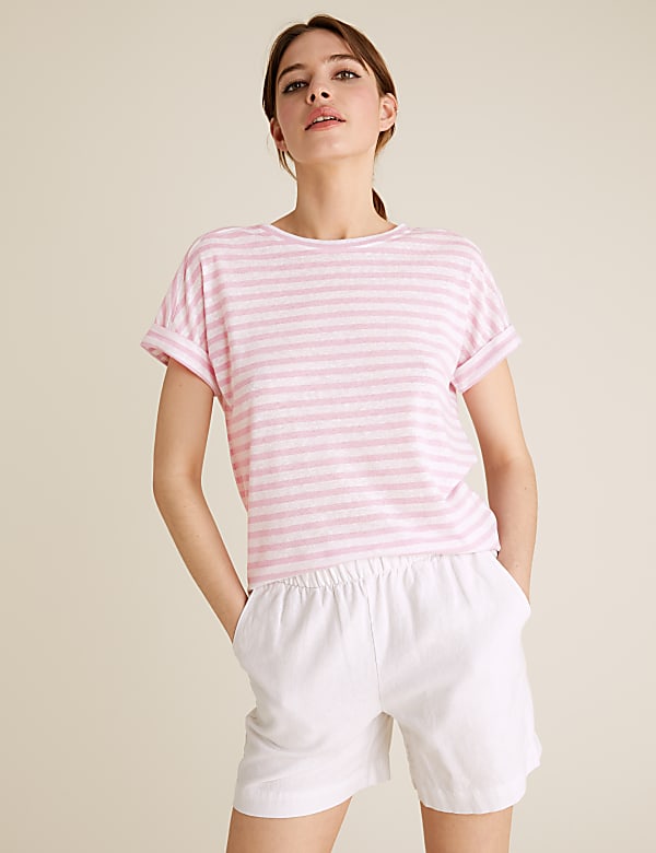 Linen Striped Crew Neck T-Shirt