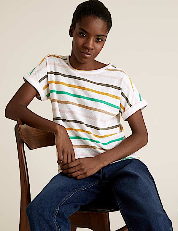 Linen Striped Crew Neck T-Shirt