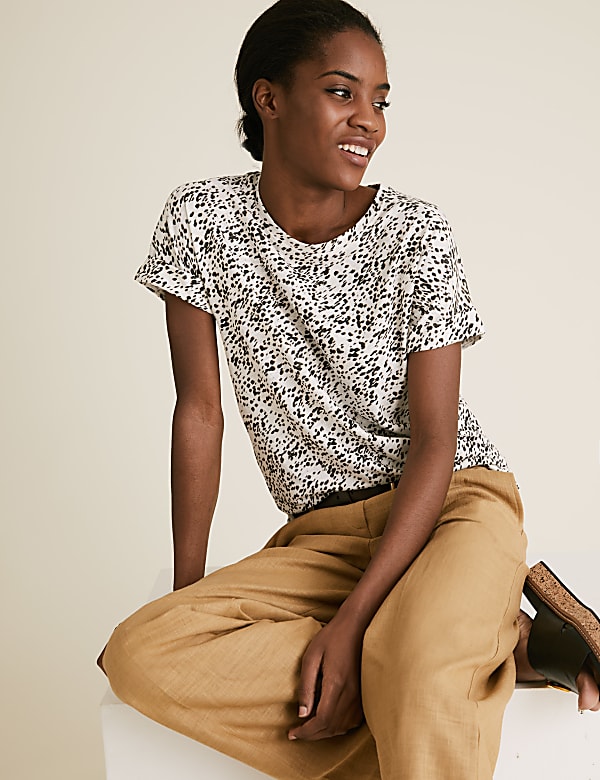 Linen Animal Print Crew Neck T-Shirt