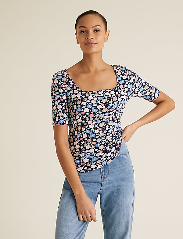 Floral Square Neck Fitted T-Shirt