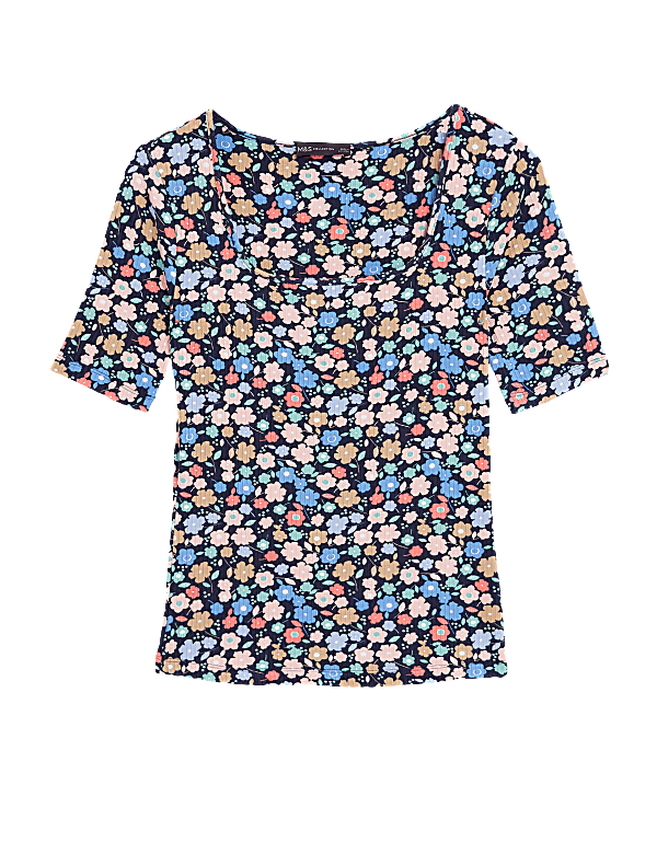 Floral Square Neck Fitted T-Shirt
