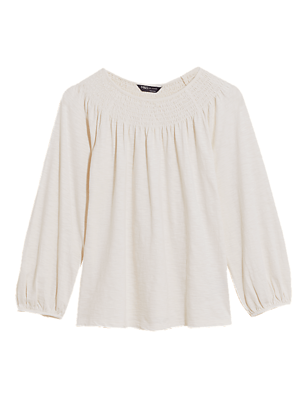 Pure Cotton Smocked Detail 3/4 Sleeve Top