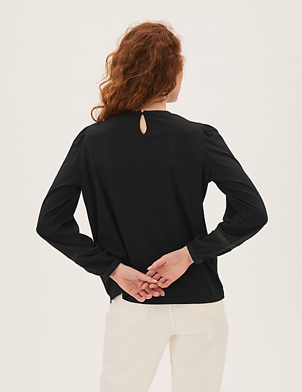 Pure Cotton Lace Insert Long Sleeve Top