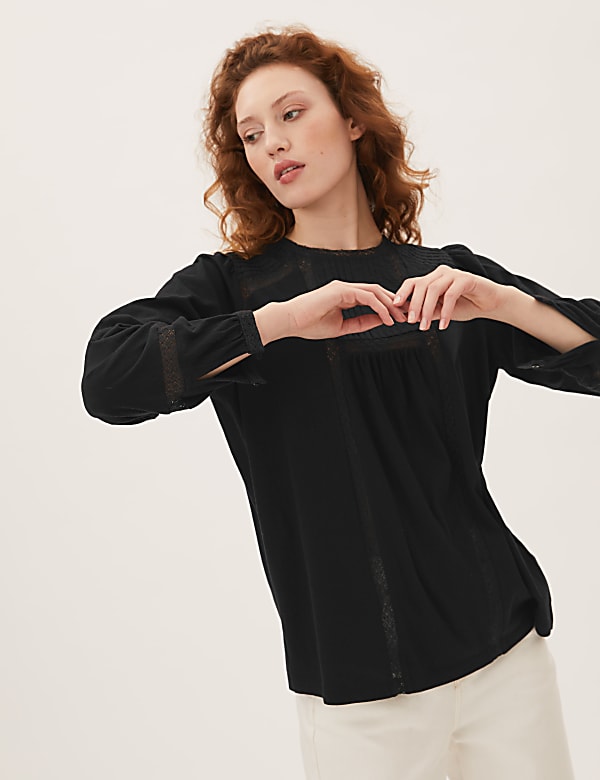 Pure Cotton Lace Insert Long Sleeve Top