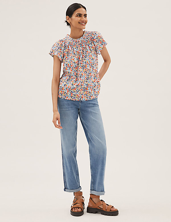 Pure Cotton Printed Smocked Detail Blouses