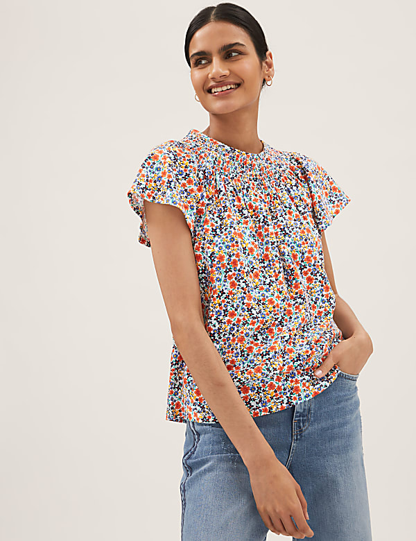 Pure Cotton Printed Smocked Detail Blouses