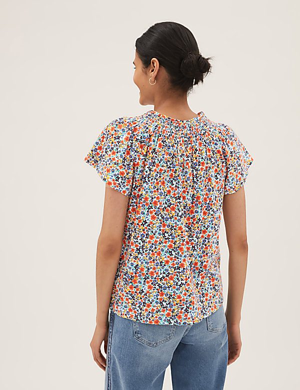 Pure Cotton Printed Smocked Detail Blouses