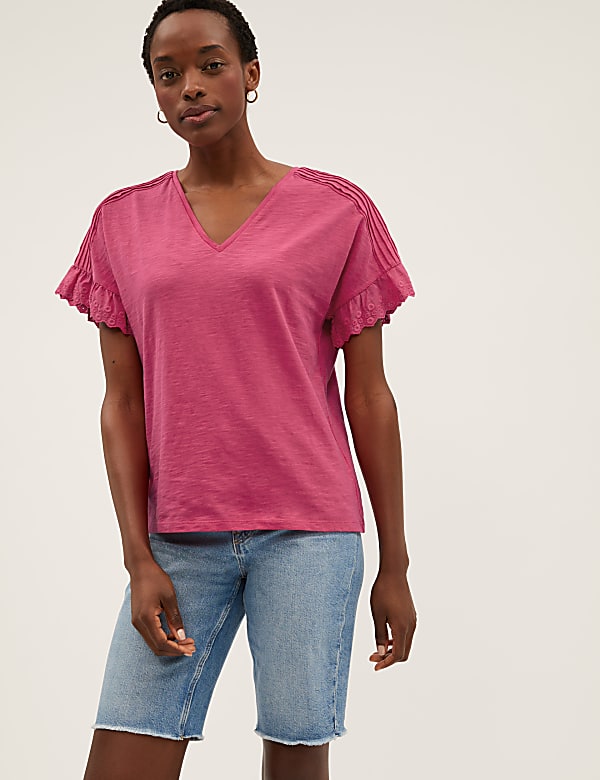 Pure Cotton Embroidered V-Neck T-Shirt