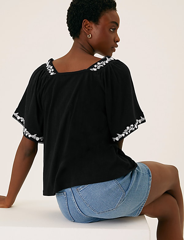 Pure Cotton Embroidered Square Neck Top