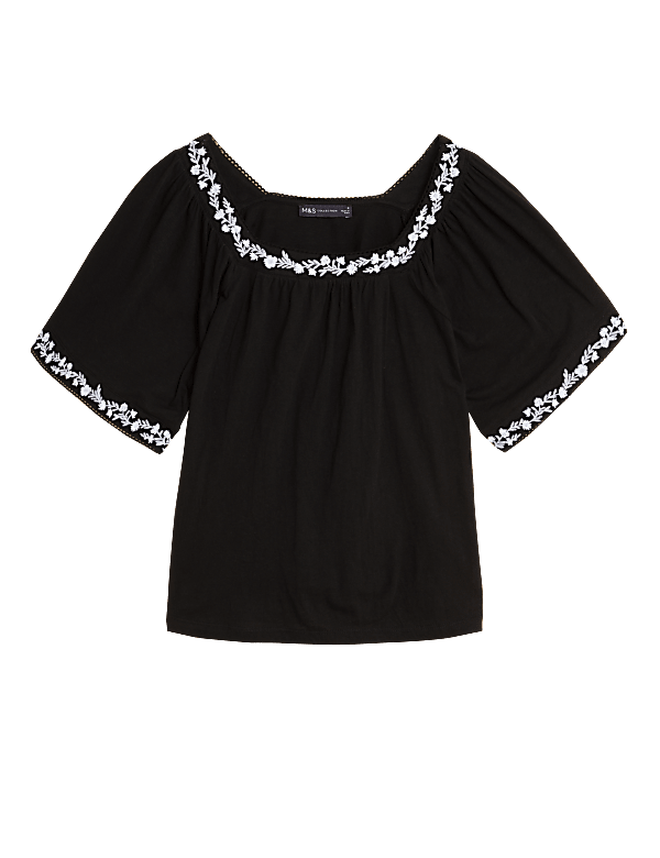 Pure Cotton Embroidered Square Neck Top