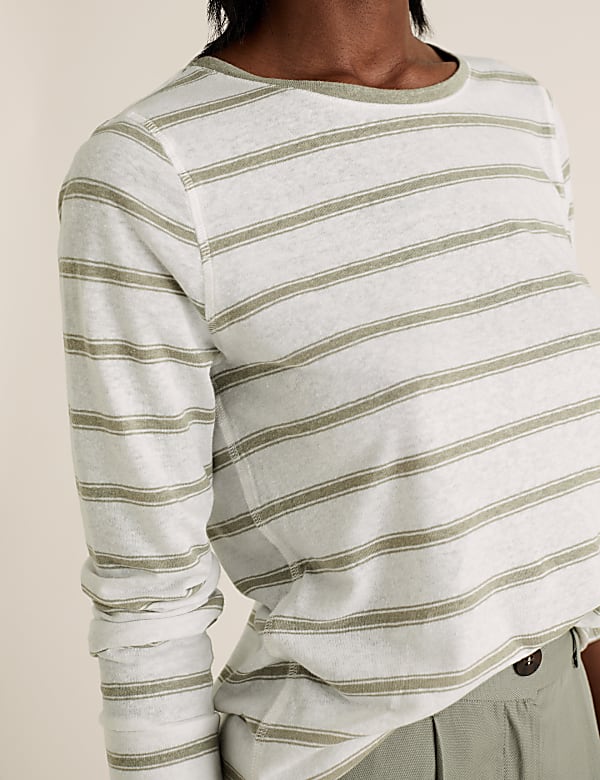Linen Striped Straight Fit Long Sleeve Top