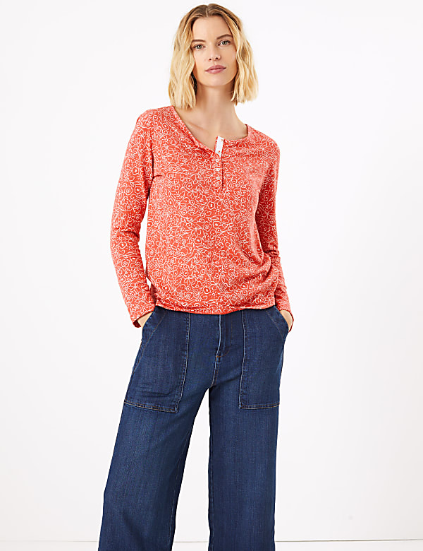 Pure Cotton Floral Henley Long Sleeve Top