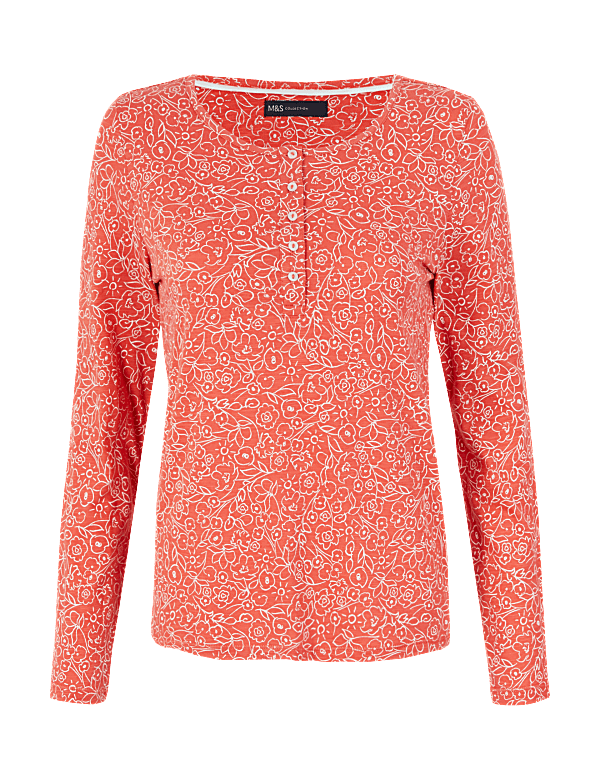 Pure Cotton Floral Henley Long Sleeve Top