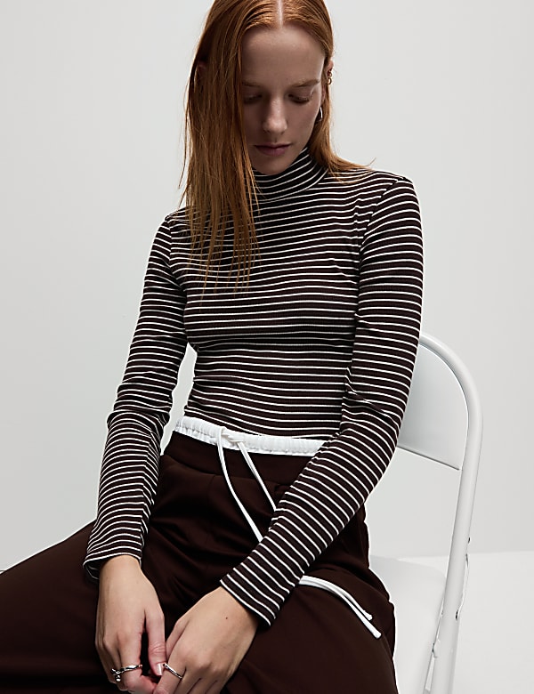 Cotton Rich Striped Funnel Neck Top