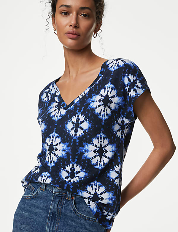 Cotton Rich V-Neck Printed Longline T-Shirt