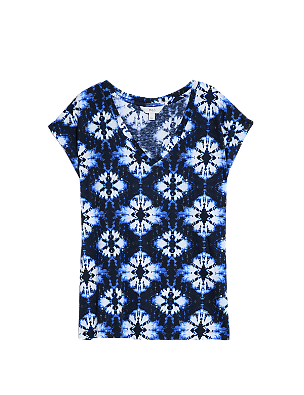 Cotton Rich V-Neck Printed Longline T-Shirt